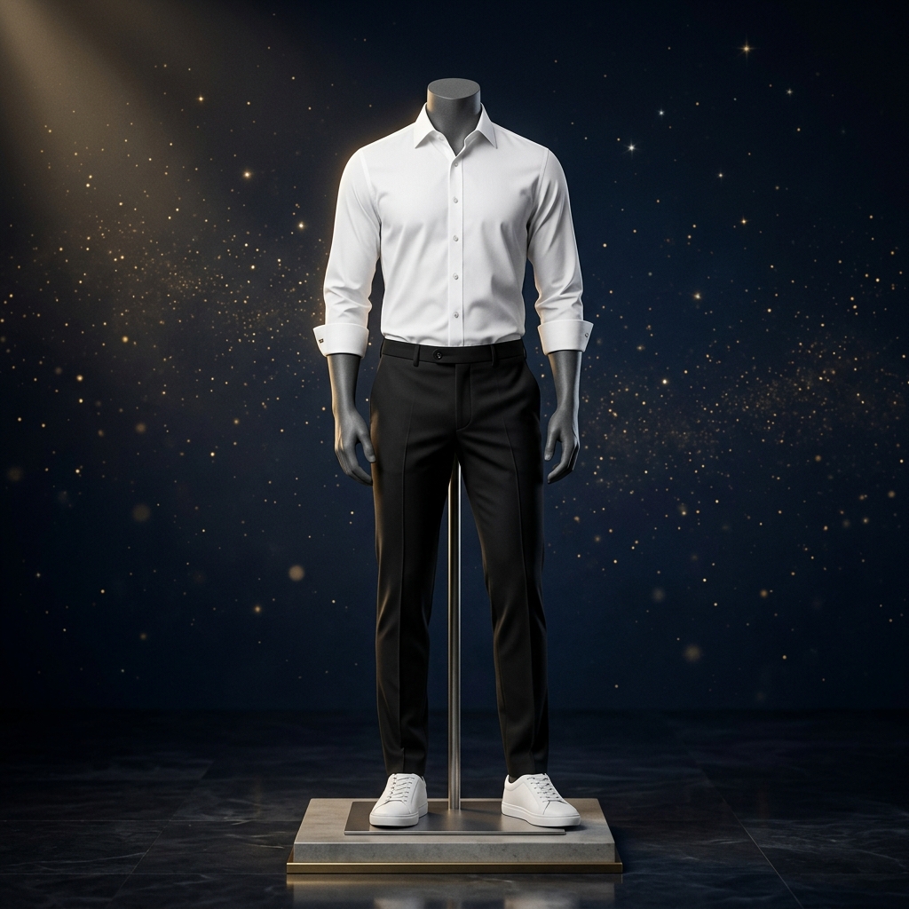Maniquí vestimenta hombres: camisa blanca, pantalón negro y tenis