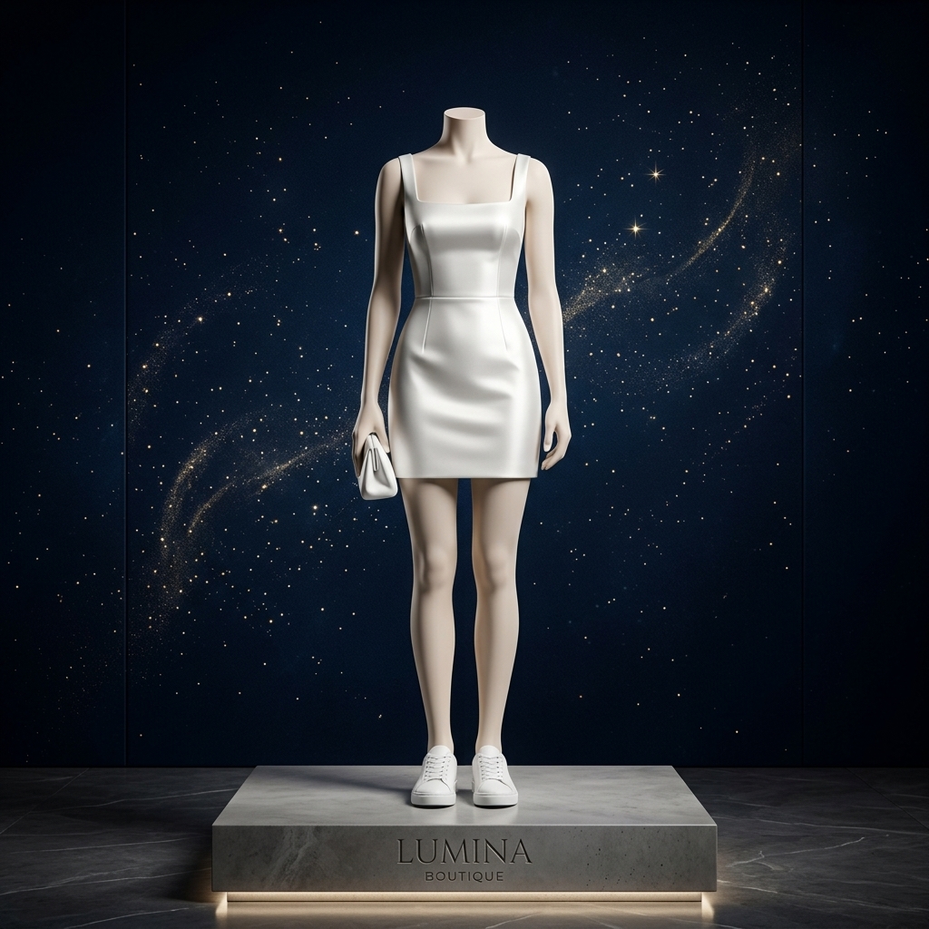 Maniquí vestimenta mujeres: vestido blanco y tenis